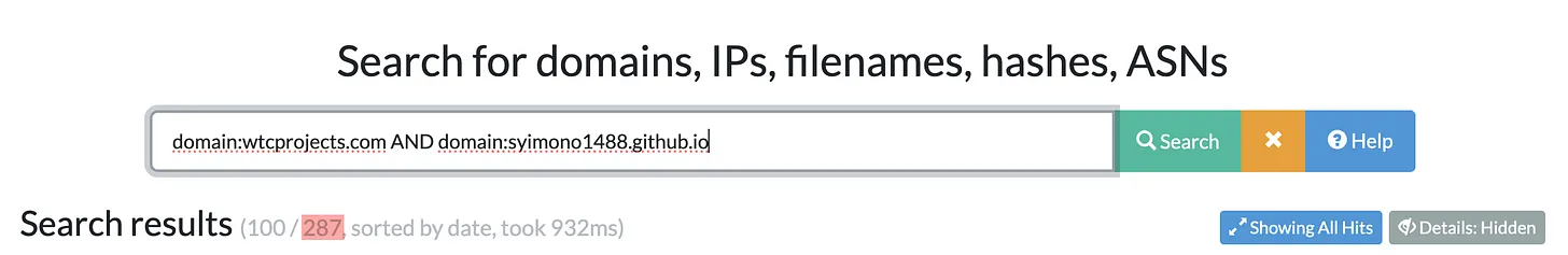 URLScan identified 1,286 scans using adict.js, including a 287-scan subset also contacting wtcprojects.com