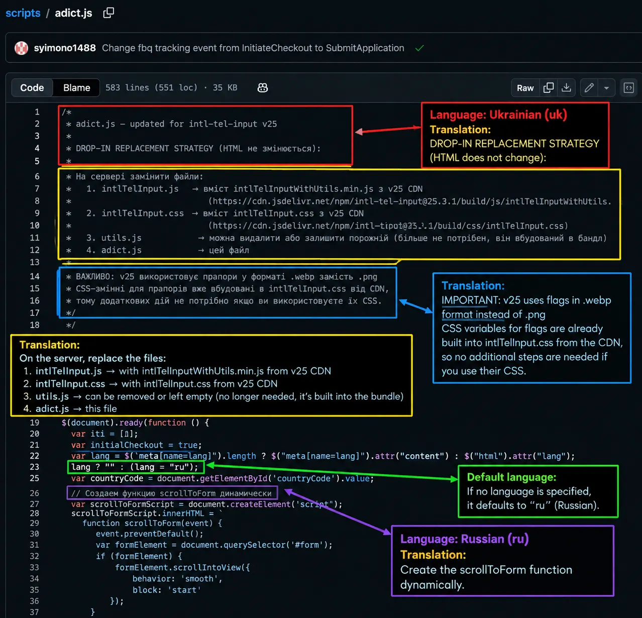 Developer's language indication