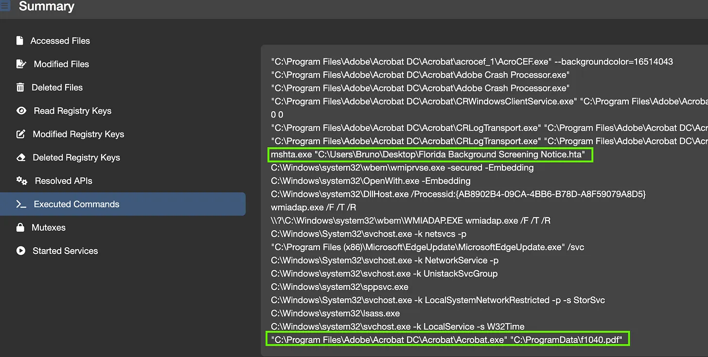 Figure 4: CAPE execution showing the earlier Florida HTA launched by mshta.exe and Adobe Acrobat opening C:\ProgramData\f1040.pdf