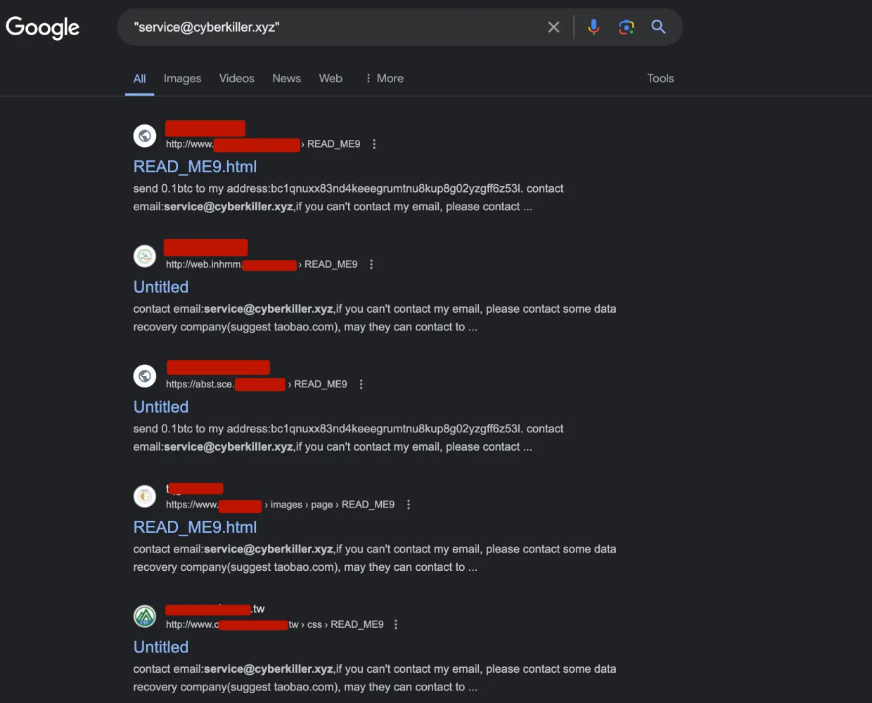 Infected websites crawled by Google